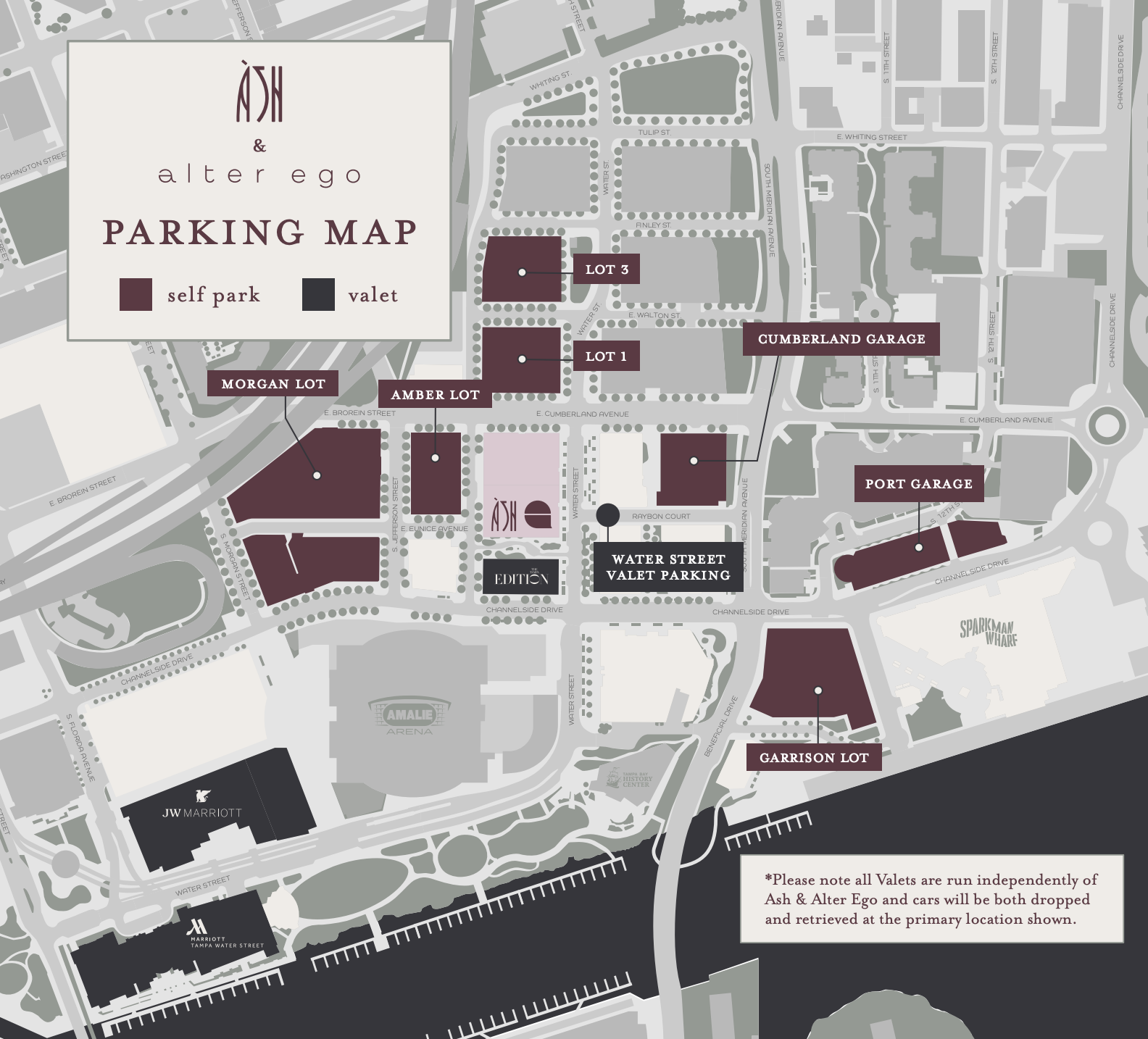 Parking map for Ash and Alter Ego at Water Street Tampa showing self-park lots including Cumberland Garage, Morgan Lot, Amber Lot, Port Garage, Garrison Lot, and Water Street Valet on Raybon Court